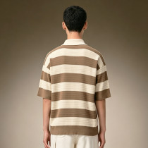 Custom Loose Fit T-Shirt | Men's Oversized Striped Knit Polo Tee | Short Sleeve Casual Streetwear Polo