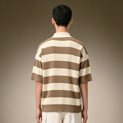 Custom Loose Fit T-Shirt | Men's Oversized Striped Knit Polo Tee | Short Sleeve Casual Streetwear Polo