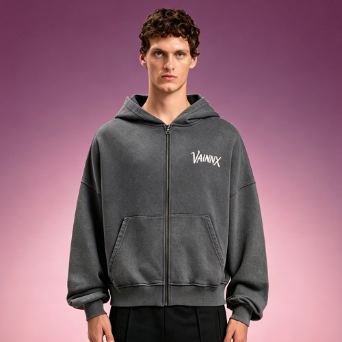 Custom Oversized Graphic Fleece Sweatshirt | Men's Vintage Washed Zip Up Hoodie | Streetwear Hoodie Supplier