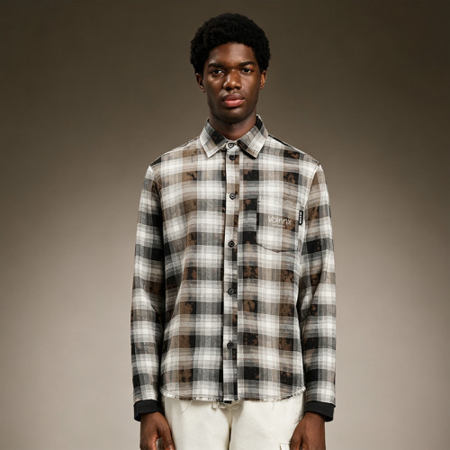Custom Plaid Flannel Shirt for Men | Distressed Raw Hem Streetwear Long Sleeve | Men's Streetwear Shirt