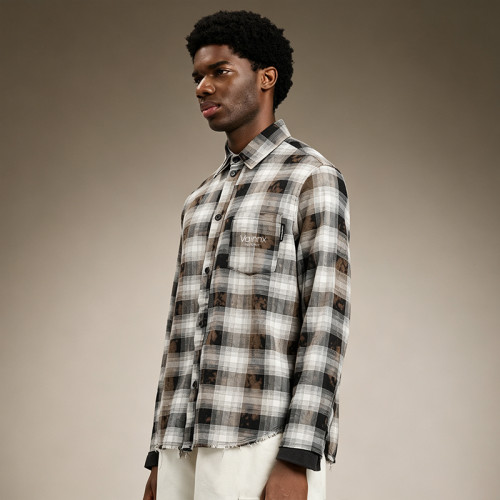 Custom Plaid Flannel Shirt for Men | Distressed Raw Hem Streetwear Long Sleeve | Men's Streetwear Shirt