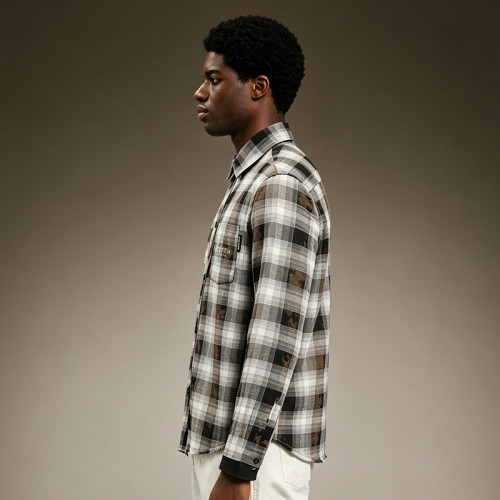 Custom Plaid Flannel Shirt for Men | Distressed Raw Hem Streetwear Long Sleeve | Men's Streetwear Shirt