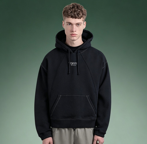 Custom Letter Logo Print Hoodie | Oversized Heavyweight Pullover sweatshirt | Men's Boxy Fit Black Fleece Hoodie
