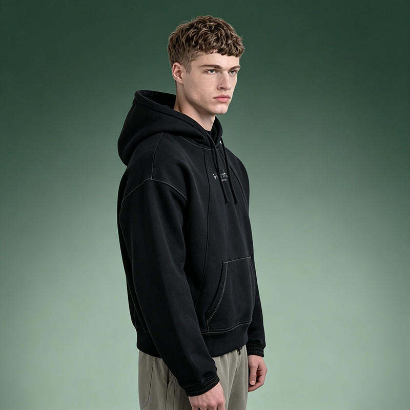 Contrast stitch black hoodie