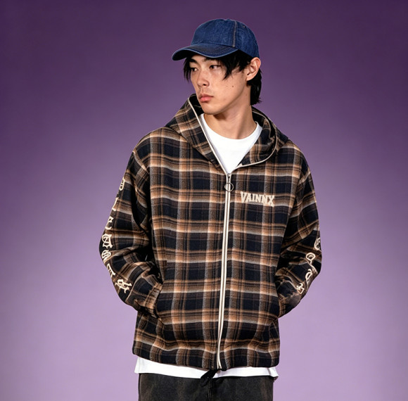 Custom Screen Print Oversized Hoodie | 100% Cotton Streetwear Sweatshirt | Men's Plaid Full Zip-Up Hooded Jacket