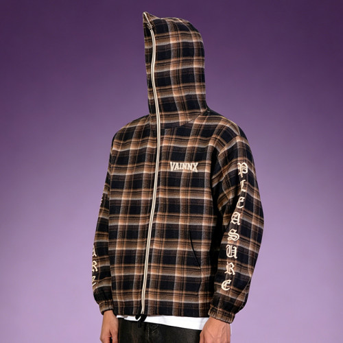 Custom Screen Print Oversized Hoodie | 100% Cotton Streetwear Sweatshirt | Men's Plaid Full Zip-Up Hooded Jacket