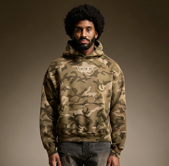 Custom Camo Print Cropped Fit Hoodie | Y2K 500GSM Cotton Hoodie | Oversized Heavyweight Pullover Sweatshirt