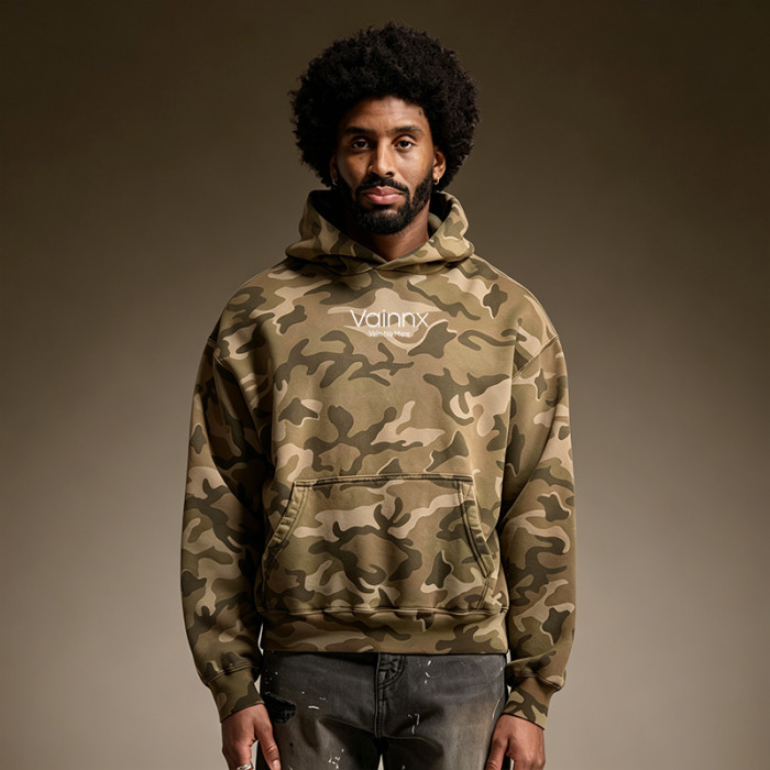 Custom Camo Print Cropped Fit Hoodie | Y2K 500GSM Cotton Hoodie | Oversized Heavyweight Pullover Sweatshirt