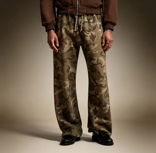 Custom Vintage Baggy High Quality Sweatpants | Wide-Leg Heavyweight Fleece Pants | Men's Olive Camo Sweatpants