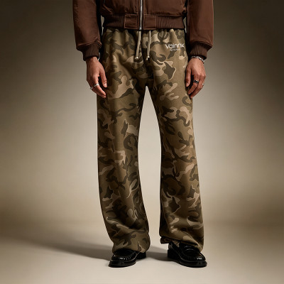 Custom Vintage Baggy High Quality Sweatpants | Wide-Leg Heavyweight Fleece Pants | Men's Olive Camo Sweatpants