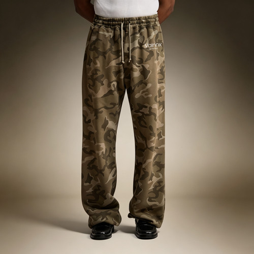Custom Vintage Baggy High Quality Sweatpants | Wide-Leg Heavyweight Fleece Pants | Men's Olive Camo Sweatpants