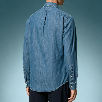 Custom Casual Workwear Shirt | Washed Fashion Streetwear Top | Long Sleeve Button Down Jean Shirt