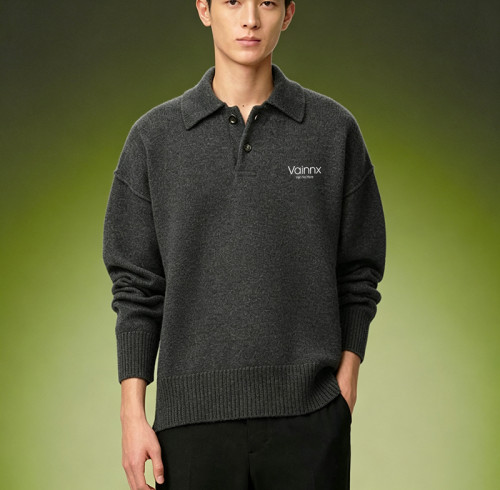 Custom Loose Fit Drop Shoulder Sweater | Heavyweight Knitted Sweater | Premium Charcoal Knit Polo Shirt