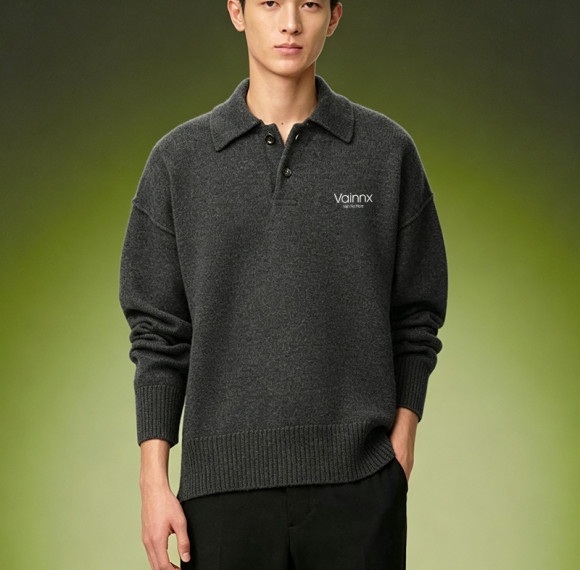 Custom Loose Fit Drop Shoulder Sweater | Heavyweight Knitted Sweater | Premium Charcoal Knit Polo Shirt