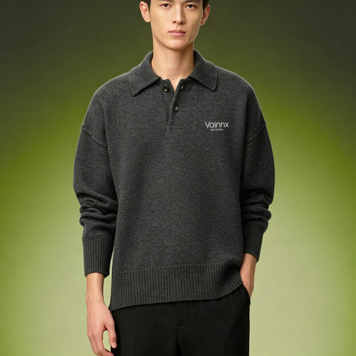 Custom Loose Fit Drop Shoulder Sweater | Heavyweight Knitted Sweater | Premium Charcoal Knit Polo Shirt