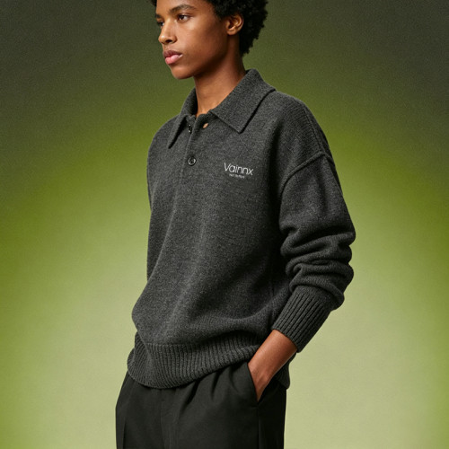 Custom Loose Fit Drop Shoulder Sweater | Heavyweight Knitted Sweater | Premium Charcoal Knit Polo Shirt