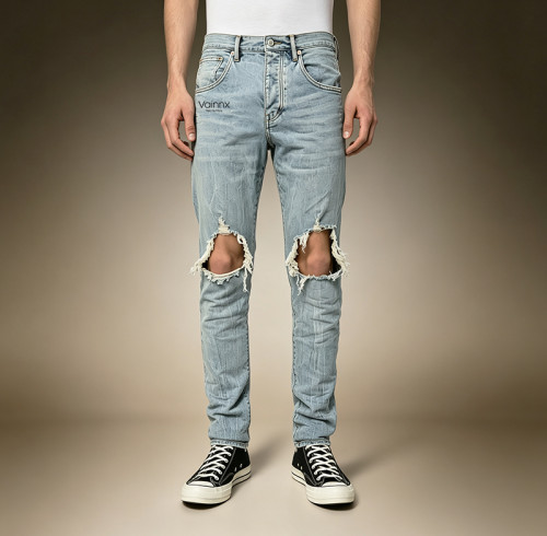 Custom Men's Washed Knee-Ripped Jeans | Distressed Vintage Denim Trousers | Ripped Slim Jeans