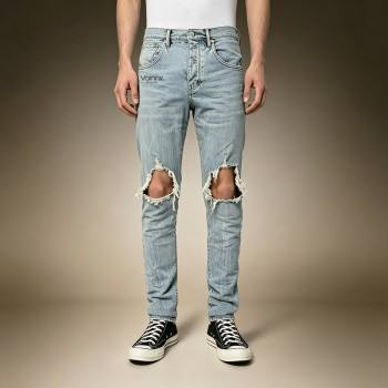 Custom Men's Washed Knee-Ripped Jeans | Distressed Vintage Denim Trousers | Ripped Slim Jeans