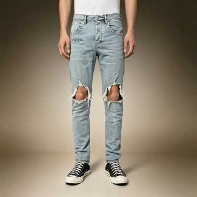 Custom Men's Washed Knee-Ripped Jeans | Distressed Vintage Denim Trousers | Ripped Slim Jeans