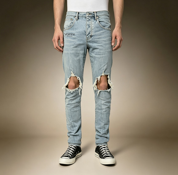 Custom Men's Washed Knee-Ripped Jeans | Distressed Vintage Denim Trousers | Ripped Slim Jeans