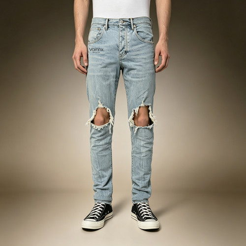 Custom Men's Washed Knee-Ripped Jeans | Distressed Vintage Denim Trousers | Ripped Slim Jeans