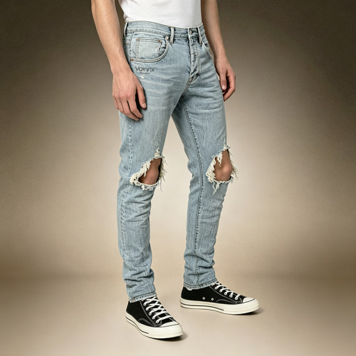 Custom Men's Washed Knee-Ripped Jeans | Distressed Vintage Denim Trousers | Ripped Slim Jeans