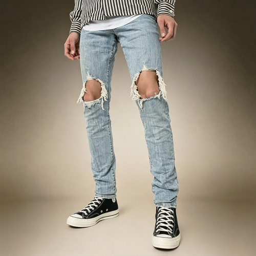 Custom Men's Washed Knee-Ripped Jeans | Distressed Vintage Denim Trousers | Ripped Slim Jeans