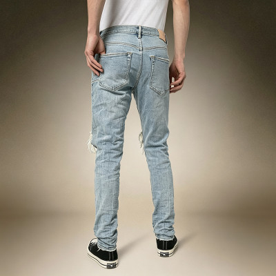 Custom Men's Washed Knee-Ripped Jeans | Distressed Vintage Denim Trousers | Ripped Slim Jeans