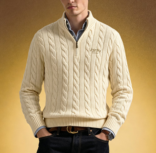 Custom High Quality Funnel Neck Sweater | Quarter-Zip Pullover Sweater | Men's Old Money Style Sweater