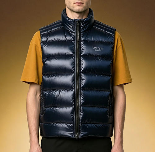 Custom Sleeveless Jacket | Glossy Stand Collar Padded Gilet | Men's Shiny Dark Navy Puffer Vest