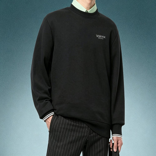Custom Premium Solid Color Hoodie | Tipped Cuff Heavyweight Fleece Pullover | Men's Black Crewneck Sweatshirt