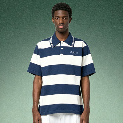 Custom Striped Polo Shirt | DTG Print Streetwear Short Sleeve Shirt | Relaxed Fit Tipped Collar Polo Top