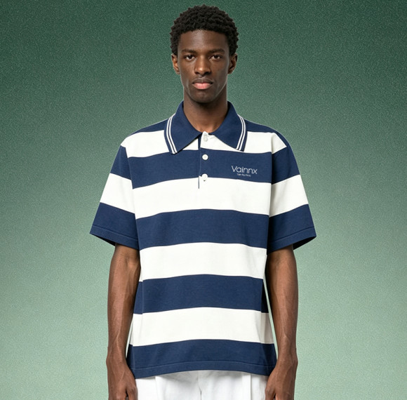 Custom Striped Polo Shirt | DTG Print Streetwear Short Sleeve Shirt | Relaxed Fit Tipped Collar Polo Top