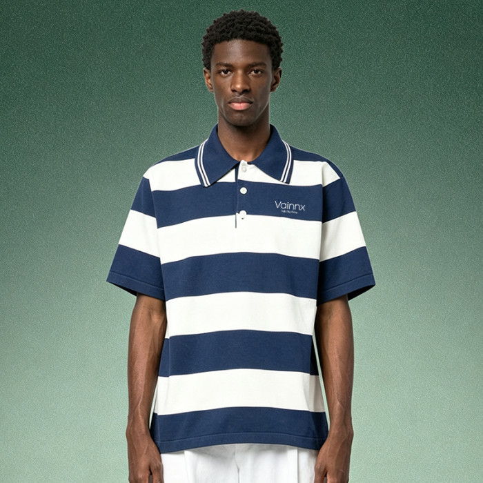 Custom Striped Polo Shirt | DTG Print Streetwear Short Sleeve Shirt | Relaxed Fit Tipped Collar Polo Top