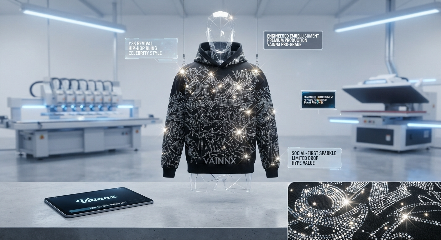 Rhinestone and embellished streetwear garments being produced in a B2B manufacturing facility