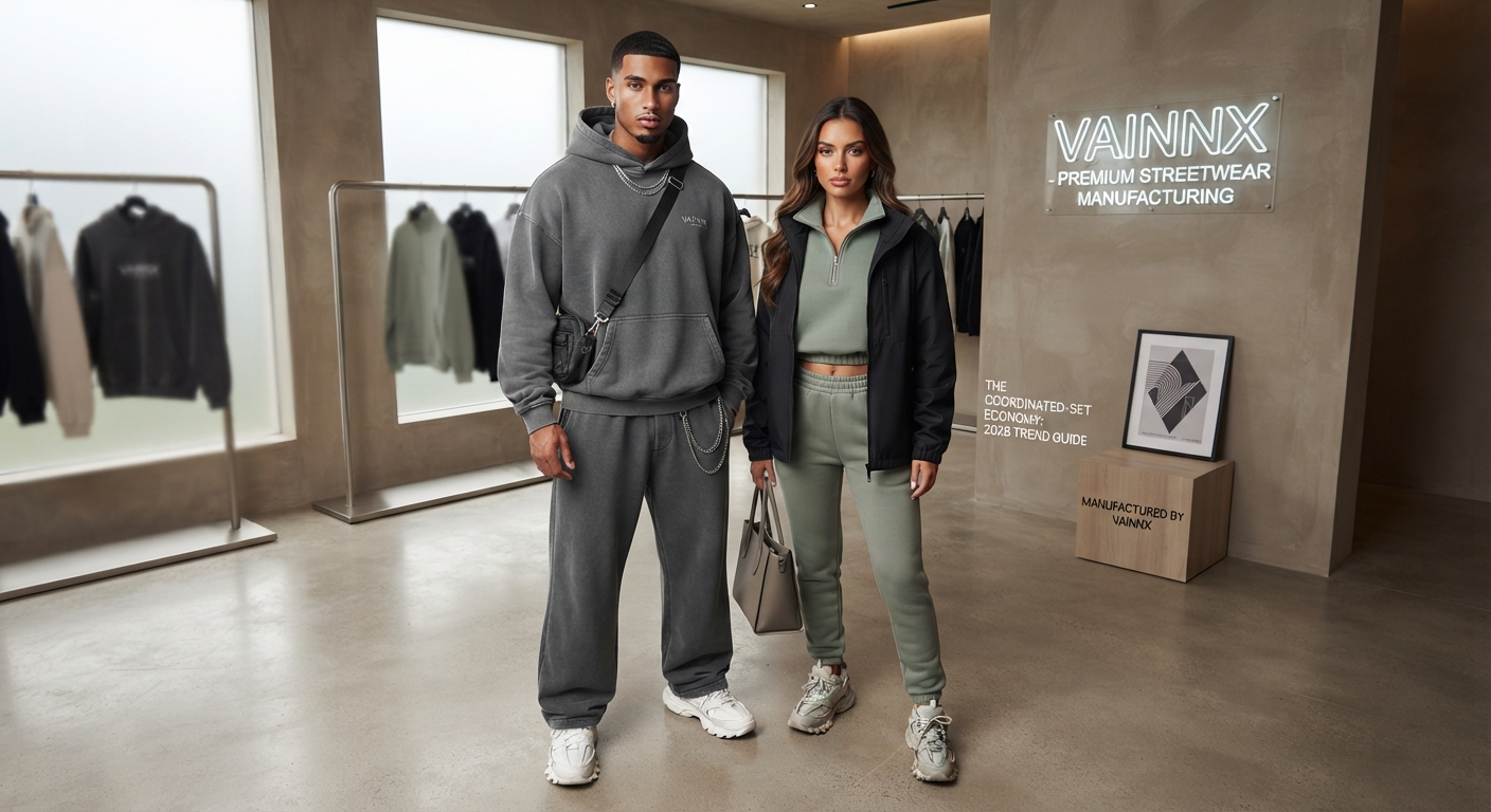 Coordinated streetwear tracksuit set in heavyweight fleece with matching hoodie and joggers