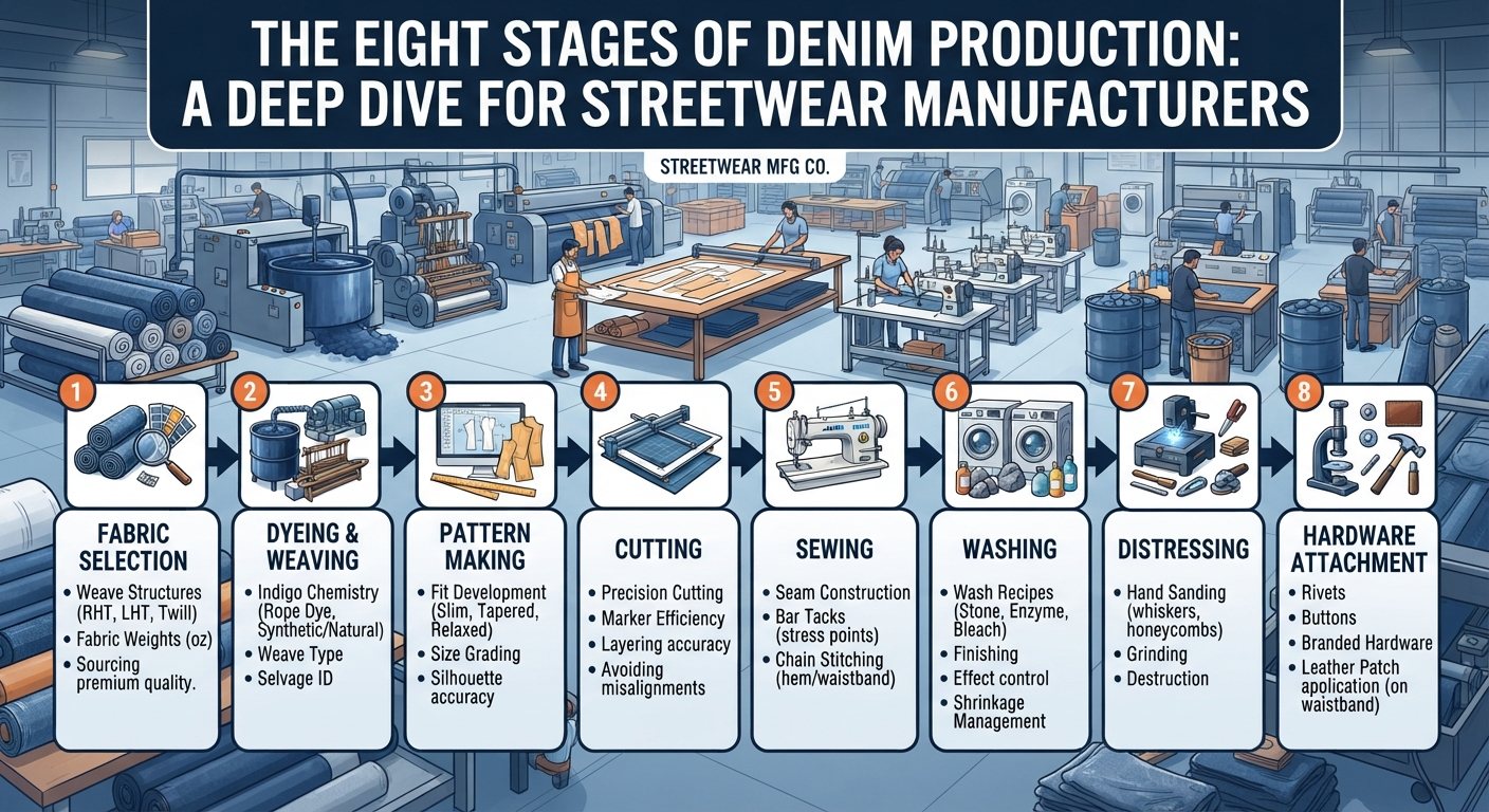 Denim manufacturing process from raw indigo fabric rolls to finished washed jeans at a custom denim factory