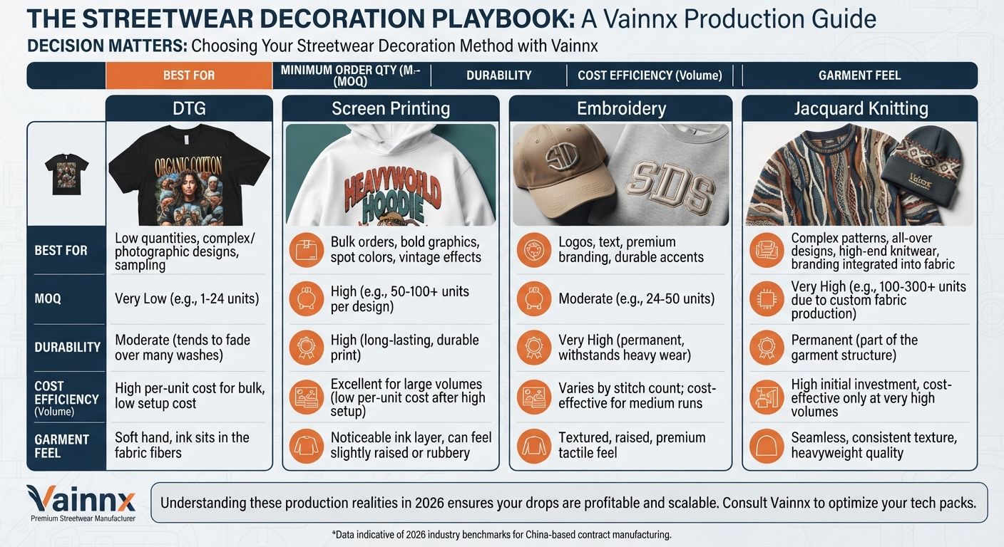Comparison of DTG printing, screen printing, embroidery and jacquard knit customization methods on streetwear garments