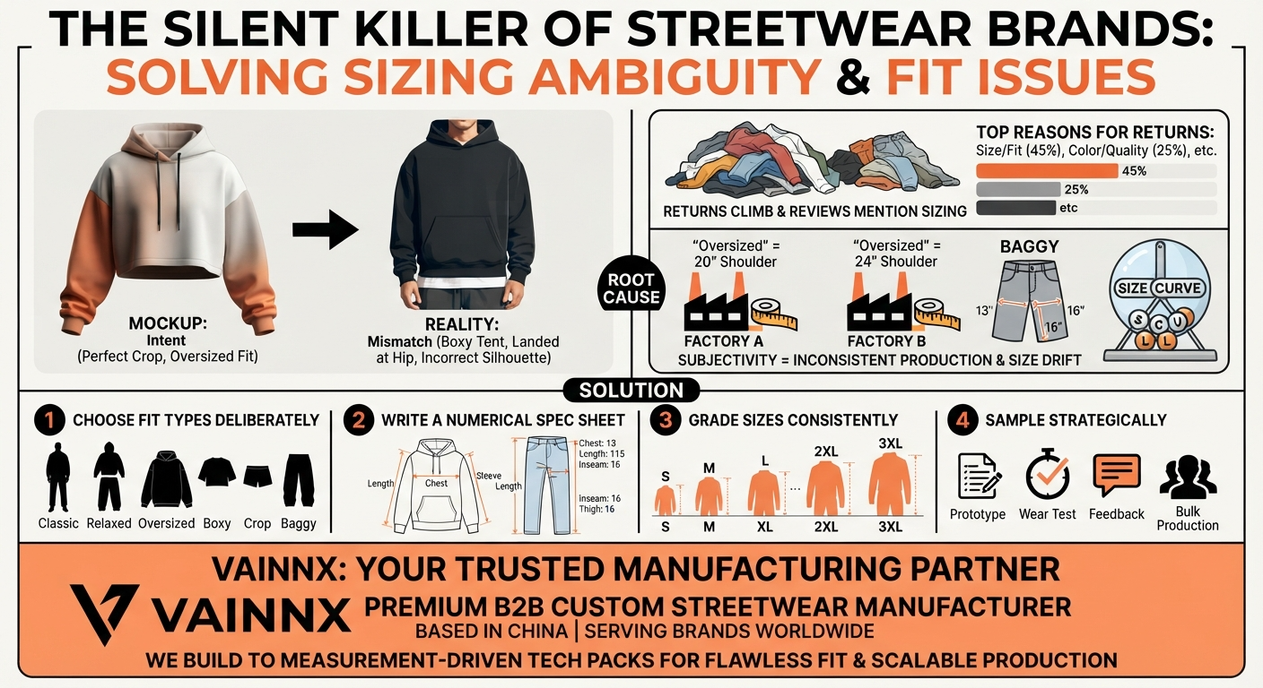 Streetwear fit guide showing oversized, boxy, cropped and baggy garment silhouettes with key measurement points