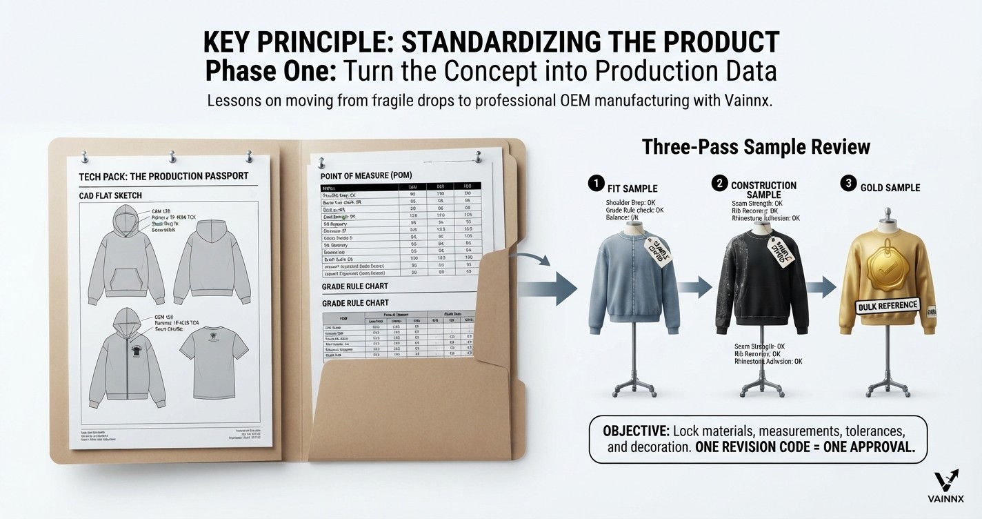 Streetwear production planning and quality review at a custom apparel factory