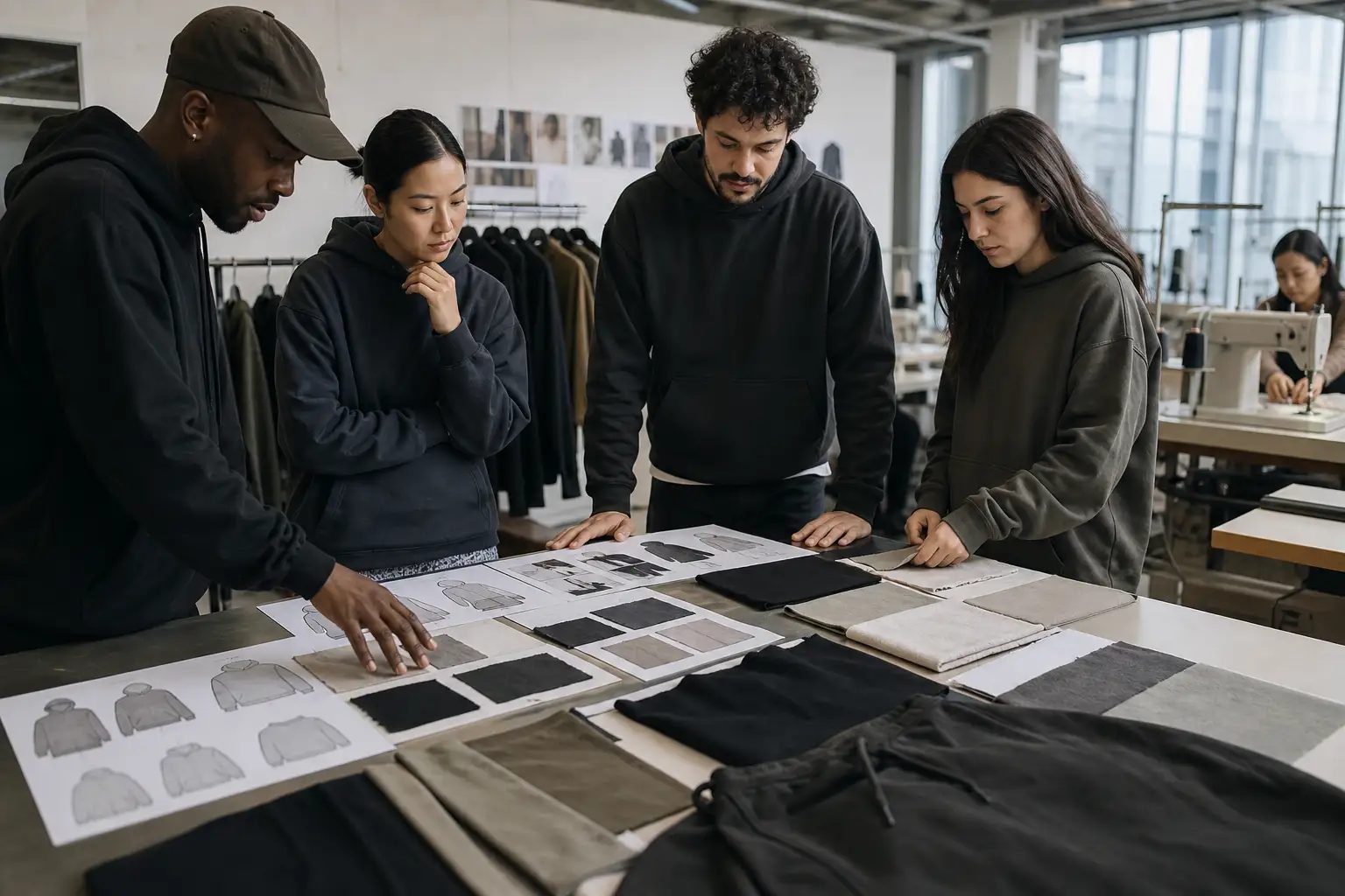 Streetwear brand team reviewing a mood board, fabric swatches, and technical sketches in a manufacturing studio