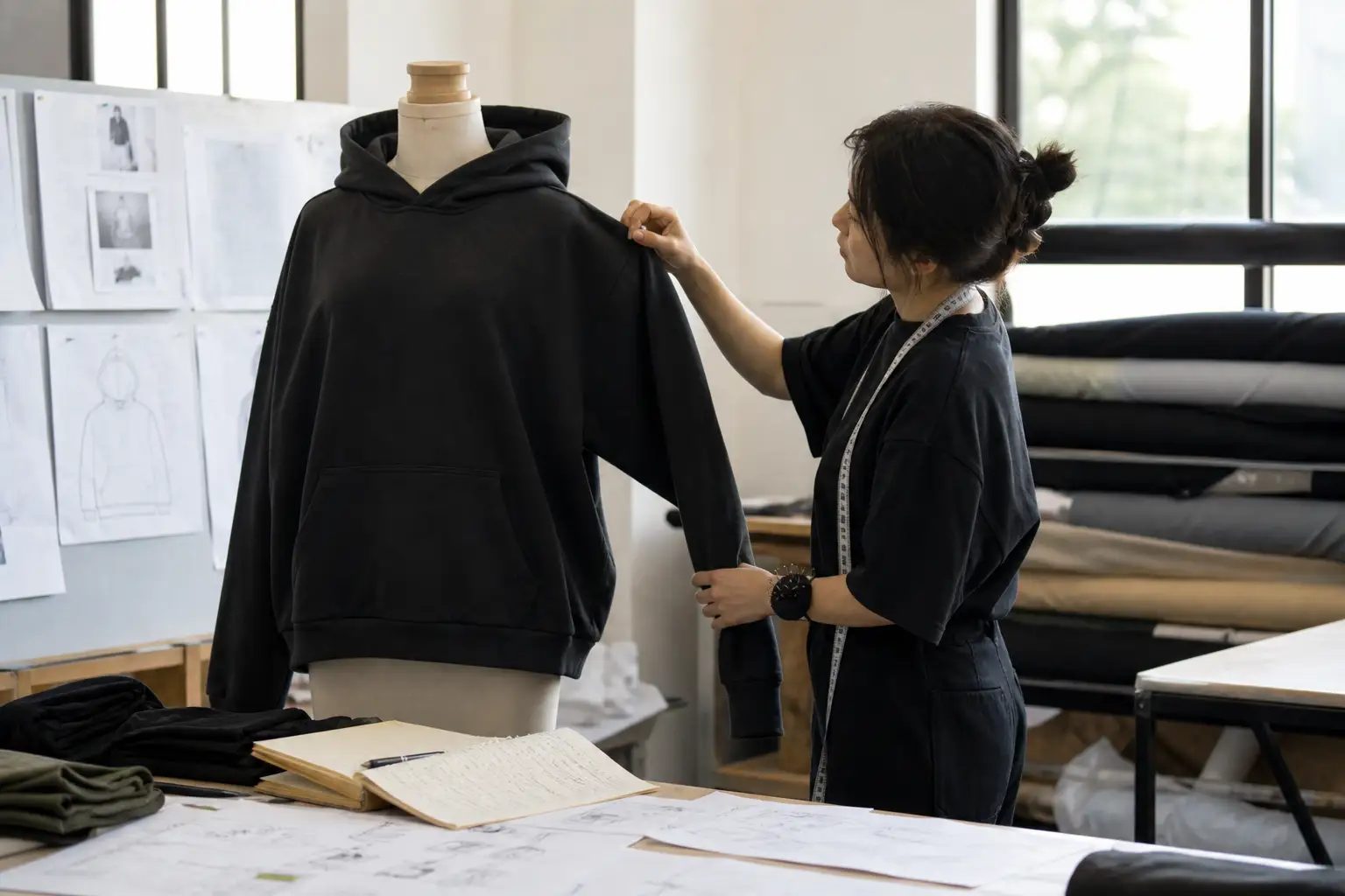 Pattern maker checking the fit and measurements of an oversized streetwear hoodie sample