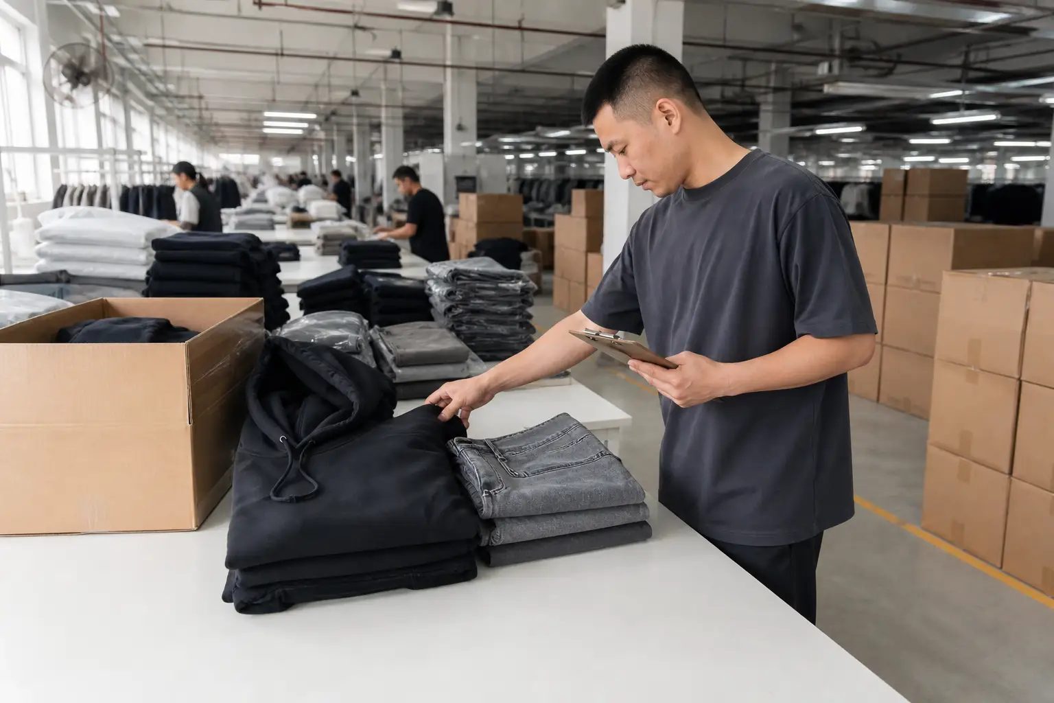 Quality inspector reviewing folded custom streetwear garments and shipping cartons before dispatch