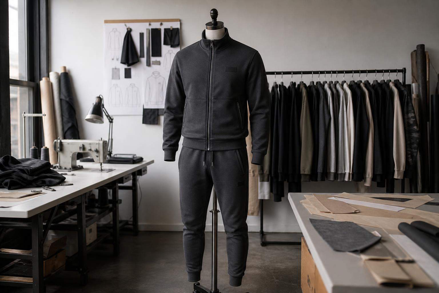 Custom charcoal tracksuit displayed in an apparel design studio