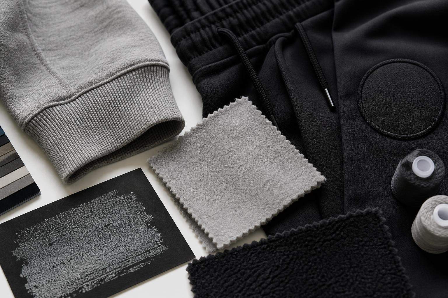 Tracksuit fabric, ribbing, stitching, and embroidery detail samples