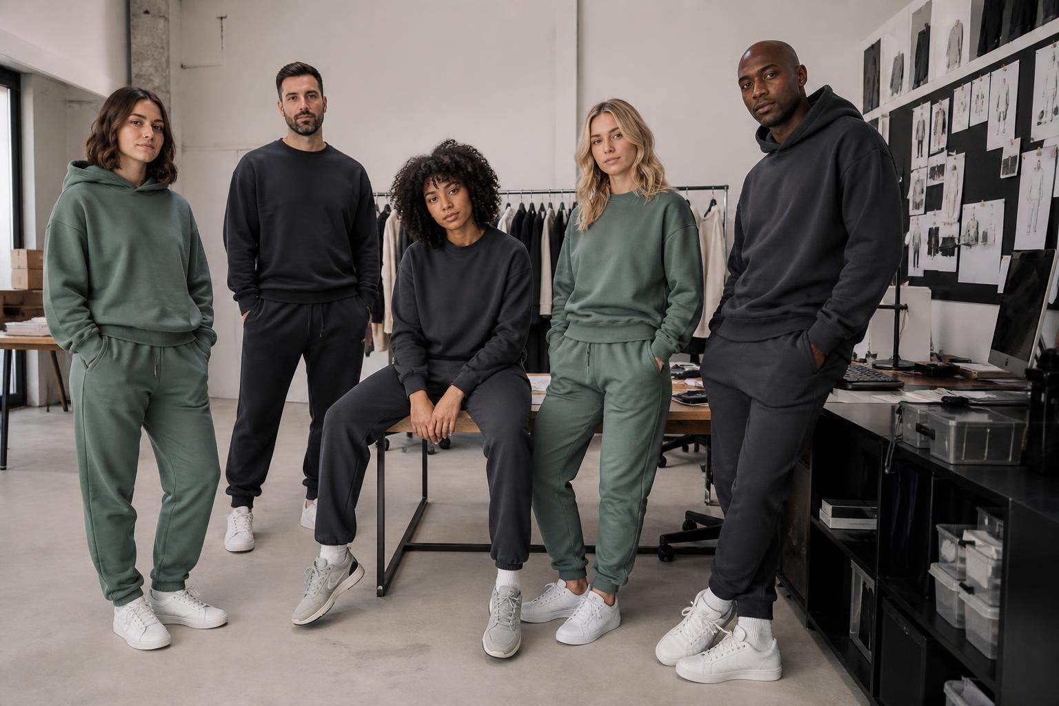 Clothing brand team wearing coordinated custom sweatsuits