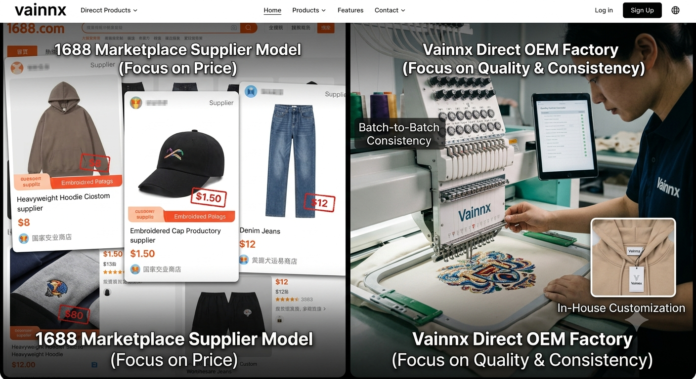 Streetwear clothing production line comparing factory quality control versus marketplace supplier variability