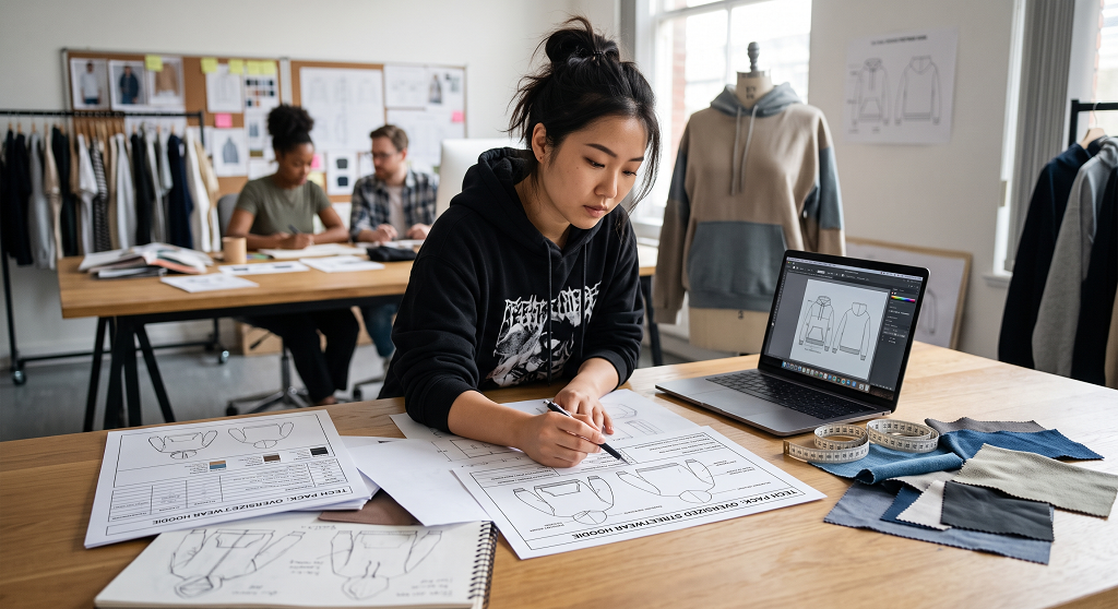 Complete streetwear tech pack template with flat sketches and measurement specifications