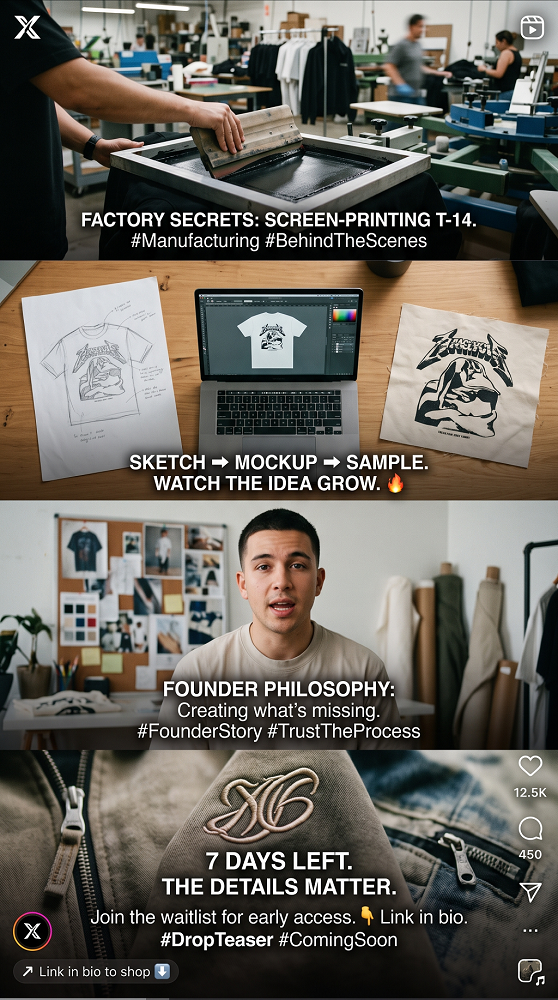 Streetwear brand pre-launch marketing strategy showing behind the scenes content creation, social media planning, and community building