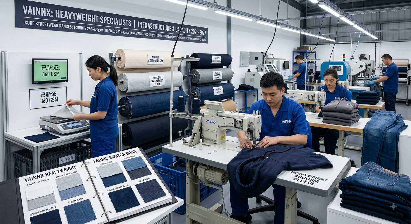 Heavyweight streetwear production line at Vainnx manufacturing facility with 400gsm hoodies and T-shirts in production